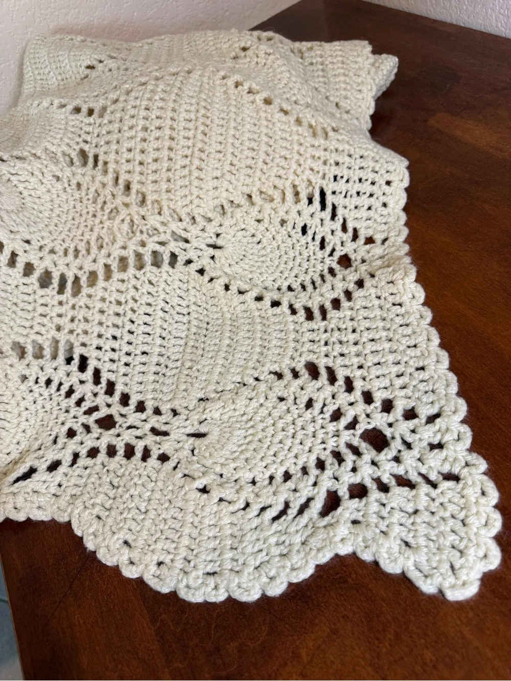 Handmade Crocheted Ivory Vintage Afghan Throw Blanket 43” X 77” Diamond Pattern
